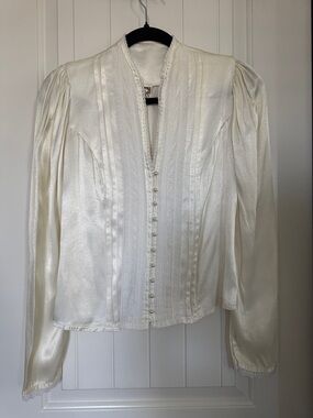 Gunne Sax Jessicas Gunnies Victorian Satin Blouse Vintage 70s Womens Small Ivory